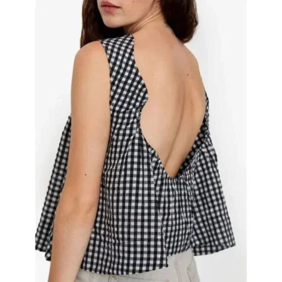 Ganni Seersucker Peplum Top 40 Us 8-10 Black White Plaid Tank Blouse Gingham - Picture 3 of 15